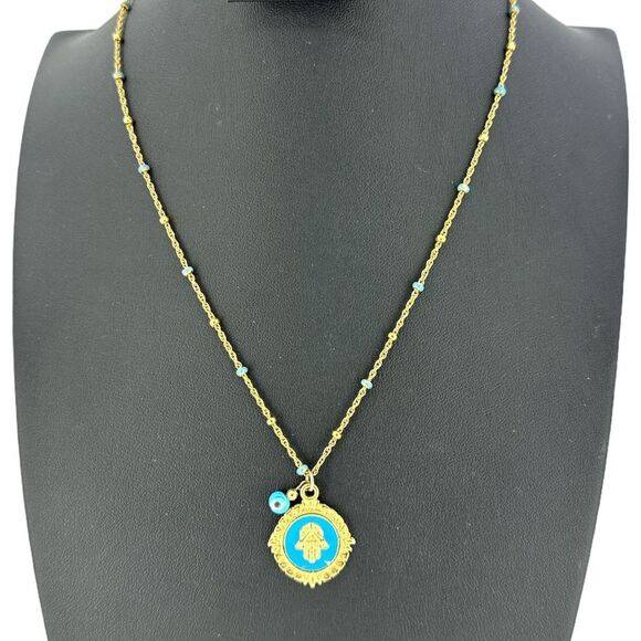 Hamsa Pendant with Evil Eye Dangle Bead Dainty Necklace Gold Plated Chain 17.5" - Picture 2 of 7